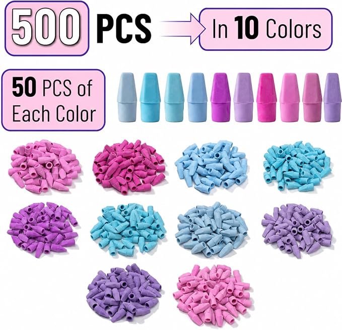 Mr. Pen- Pencil Erasers Toppers, 500 Pack, Colorful | Latex Free, No Smudge - Image 2