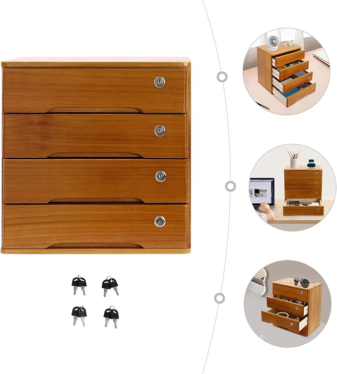 Lockable Desk Organizer Wooden Desktop Drawers Office Flat Files Storage Box - Image 9