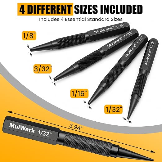 MulWark 4-Piece Nail Set and Center Punch Set, 1/32" to 1/8" Hardened Cr-V - Image 2