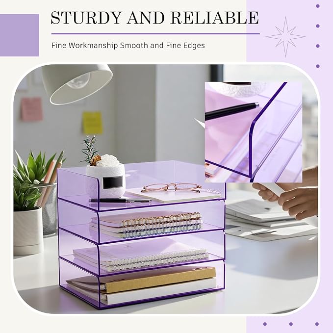 Harloon 4 Tier Clear Purple Acrylic Paper Organizer Letter Tray, Aesthetic - Image 6
