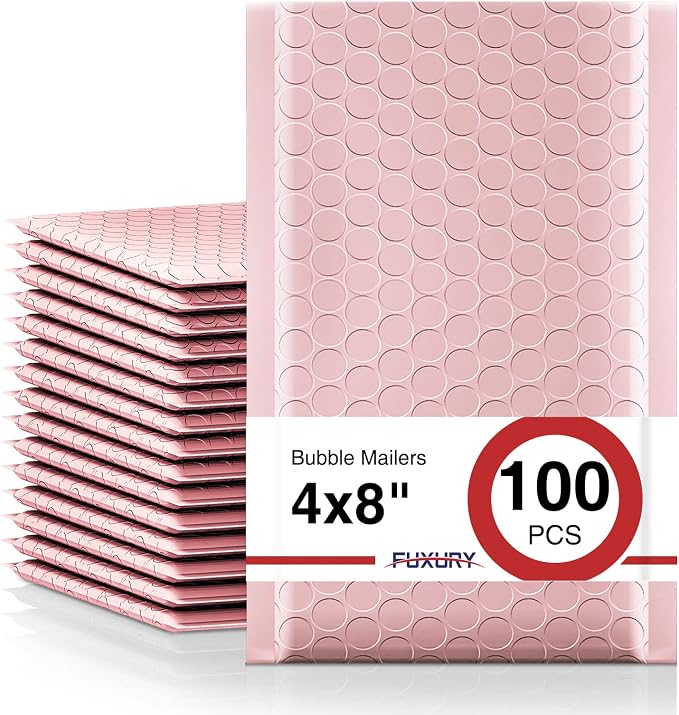 Fuxury Small Bubble Mailers 4x8" 100 Pack Light Pink Bubble Mailer Usable Size by Fuxury