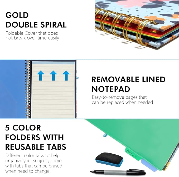 Spiral Clipboard Folio with Refillable Lined Notepad, 5 Extra Folders, 10 - Image 2