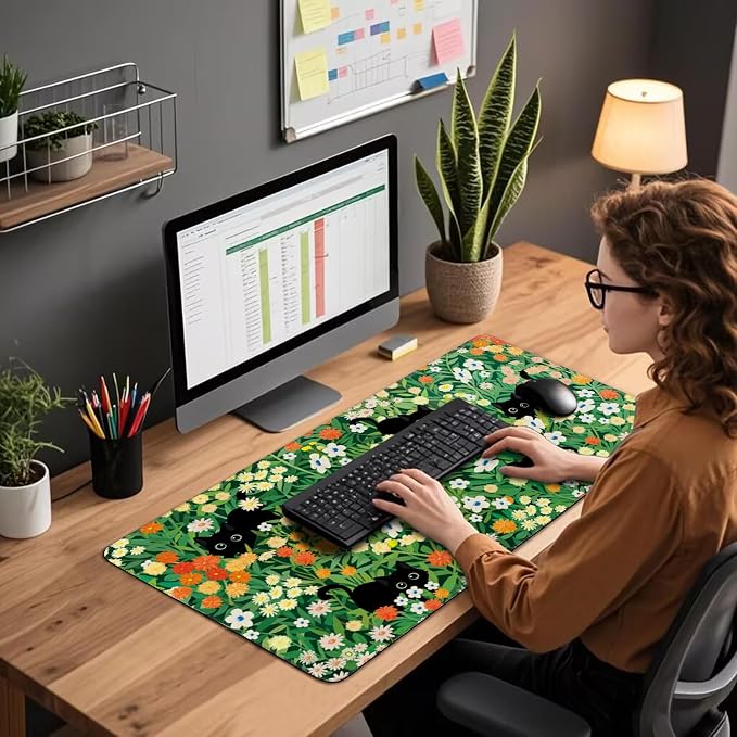 Cute Flower Cat Large Gaming Mouse Pad 31.5"x15.7", Flower XXL Desk Mat - Image 2