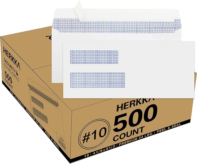 500 Pack #10 Double Window Security Self-Seal Envelopes by HERKKA