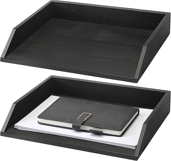 Beeveer 2 Pcs Black Wood Letter Tray Wooden Desk Paper Organizer 2 Tier by Beeveer
