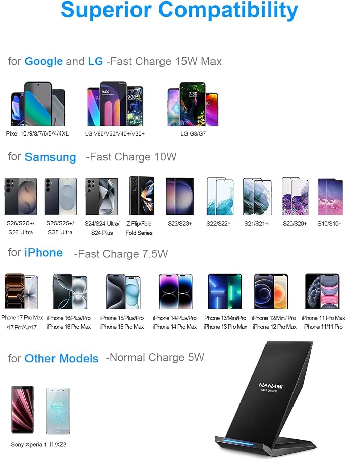 Fast Wireless Charger, NANAMI Wireless Charging Stand Compatible iPhone 17/17 - Image 3