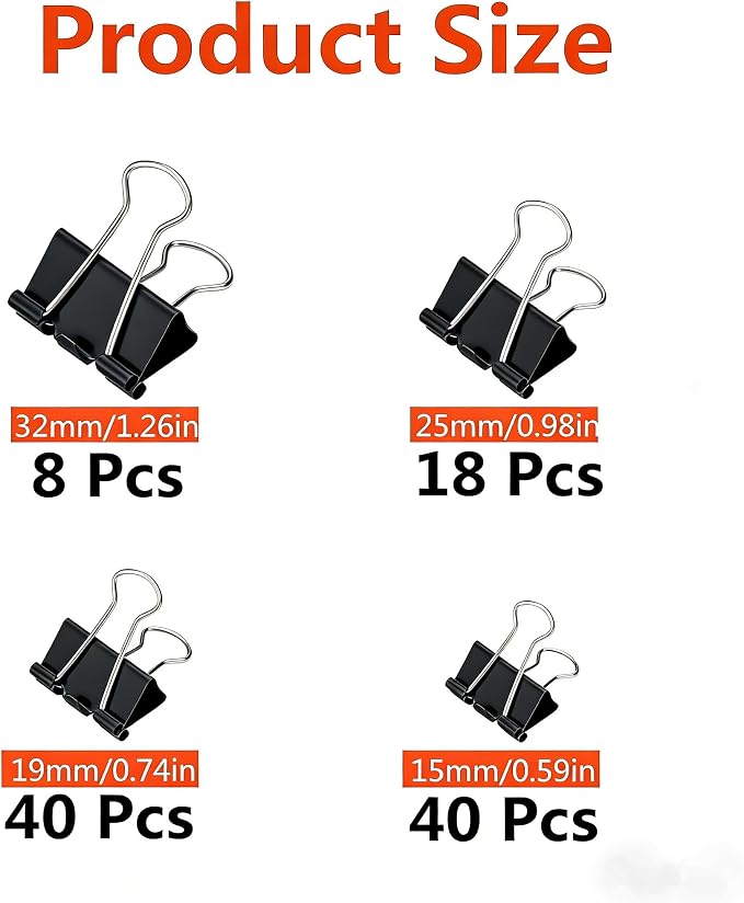 106 Pcs Black Binder Clips Paper Clamps Kit Assorted Sizes Large, Small，X Small - Image 2