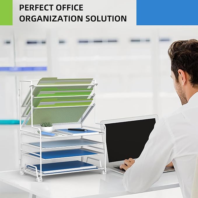 MINDEPOT 4-Tier Paper Organizer + 3-Pocket File Holder + Drawer + Pen Holders - Image 5