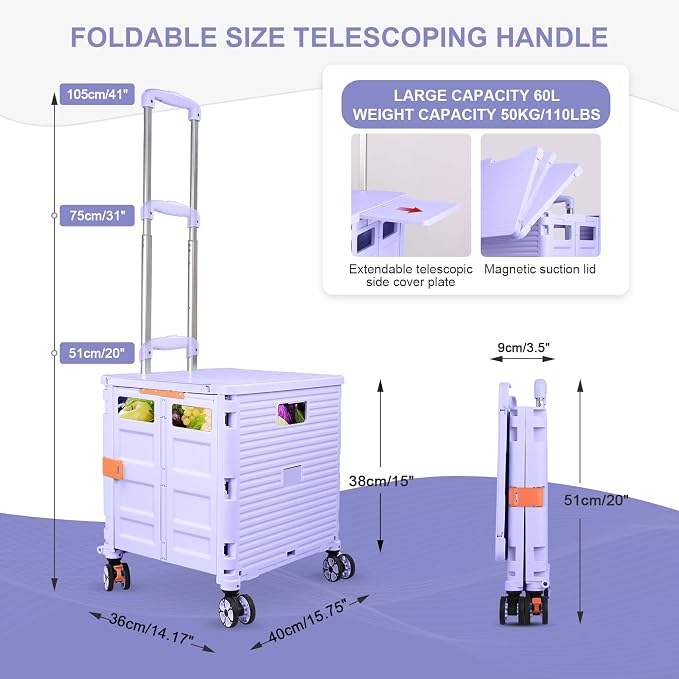 FELICON SELORSS Folding Utility Cart Portable Rolling Crate Handcart-Purple | - Image 4