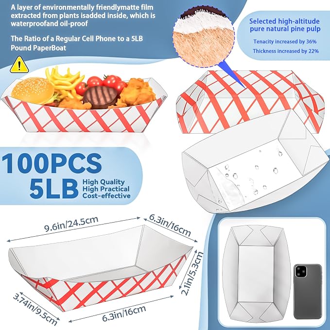100 Pack 5LB Extra Large Paper Food Boats Trays Disposable Paper Boat Plate - Image 2