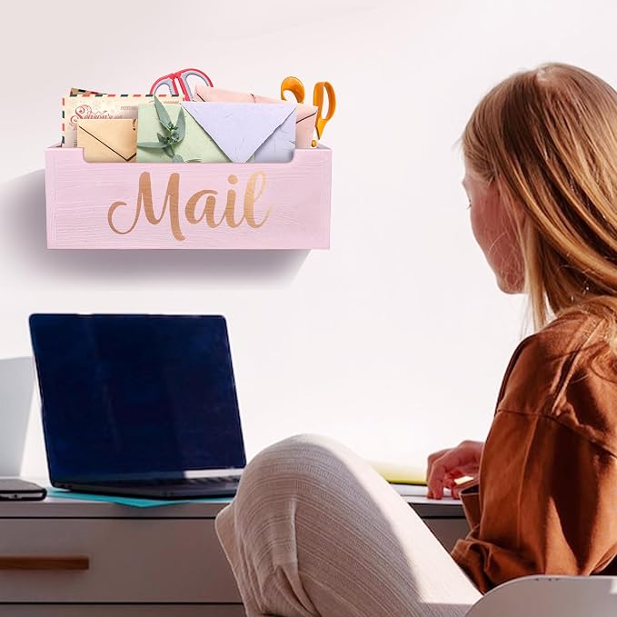Pink Mail Organizer Cute Mail Holder Countertop, Wooden Mail Basket Mail Tray - Image 5
