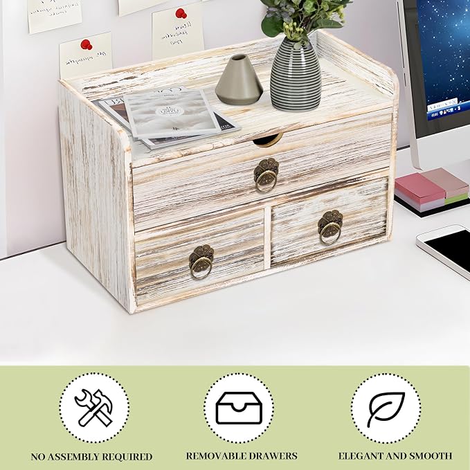Wood Desk Organizer with Drawer, Vintage Brown Wooden Desktop Organizer - Image 7
