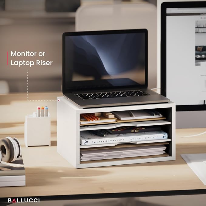 Ballucci File Organizer, 3-Tier Document Paper Sorter, Stackable Wood Desk - Image 4
