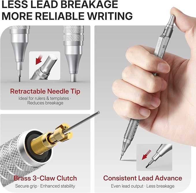 WUO 0.5mm Mechanical Pencil Set, 3 Metal Drafting Pencils - Image 3
