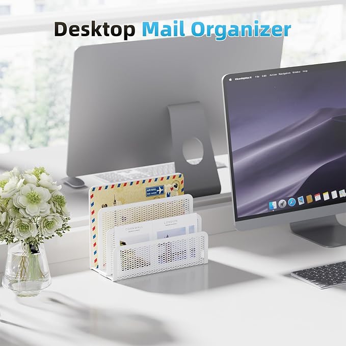 Marbrasse Mail Organizer for Desk, 3-Slot Mesh Metal Mail Holder countertop - Image 4