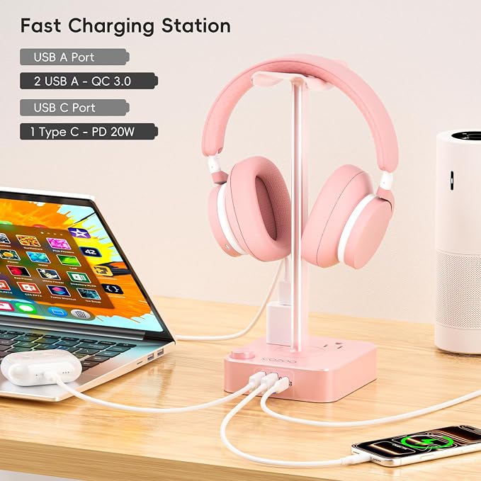 Pink Headphone Stand with USB Charger, Gaming Headset Holder with 3 USB Ports & - Image 4