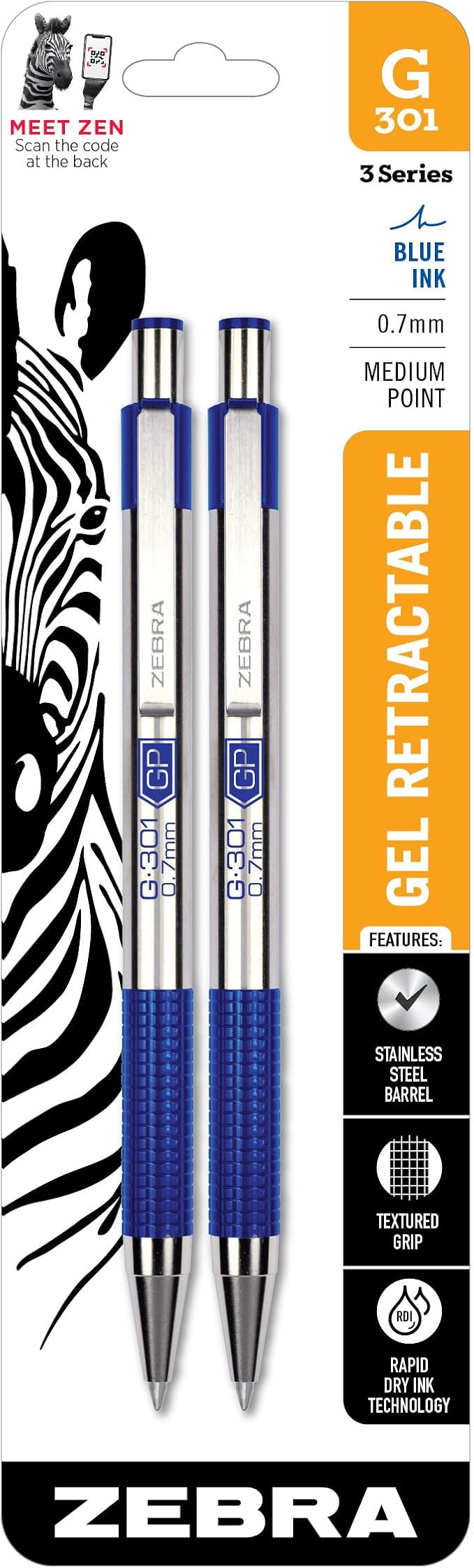 Zebra Pen G-301 Retractable Gel Pen, 0.7mm Medium Point, Stainless Steel Barrel by ZebraPen