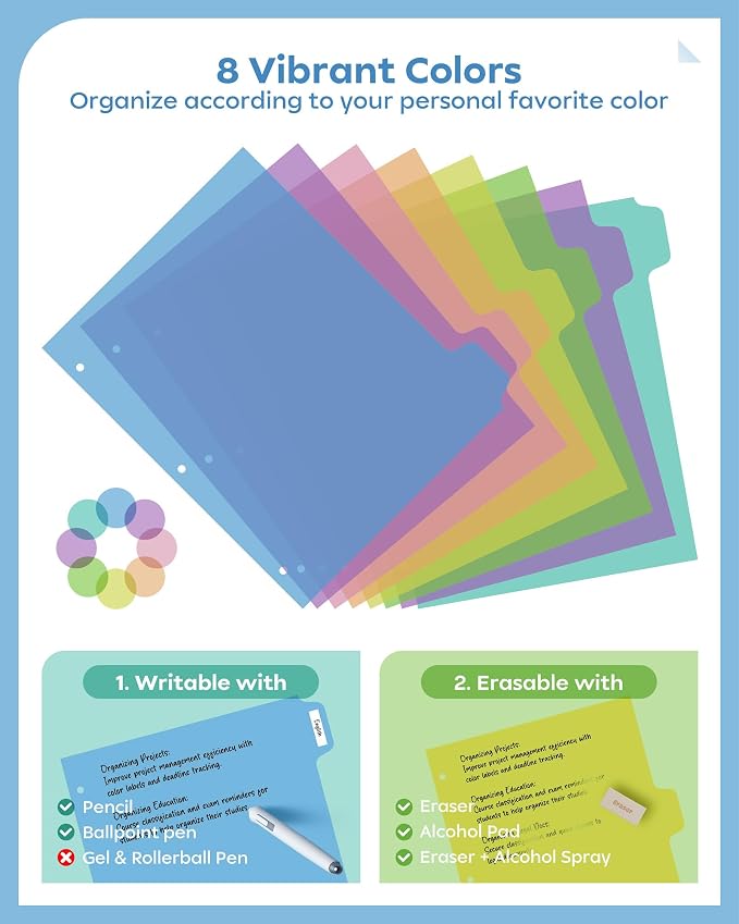 16 PCS 8 Tab Binder Dividers for 3 Ring Binder, Write & Erase Reusable - Image 3