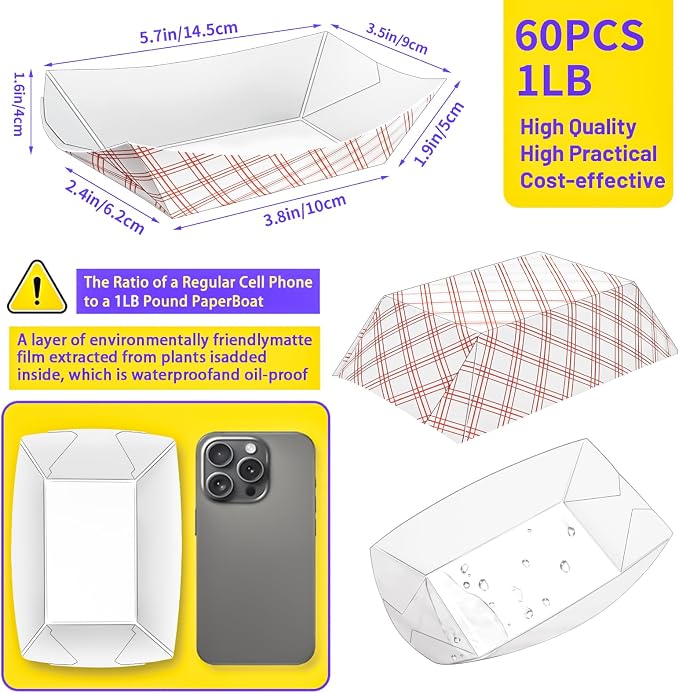60 Pack Checkered 1 Lb Paper Food Boat Trays Disposable Paper Boats Bowls - Image 2