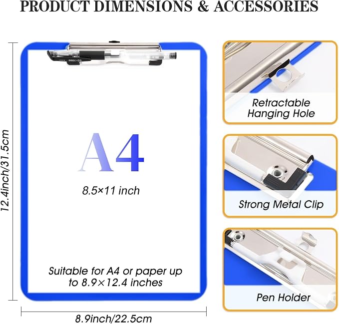 Blue Plastic Clipboard with Pen Holder, Nursing Clipboard Standard Letter A4 - Image 3