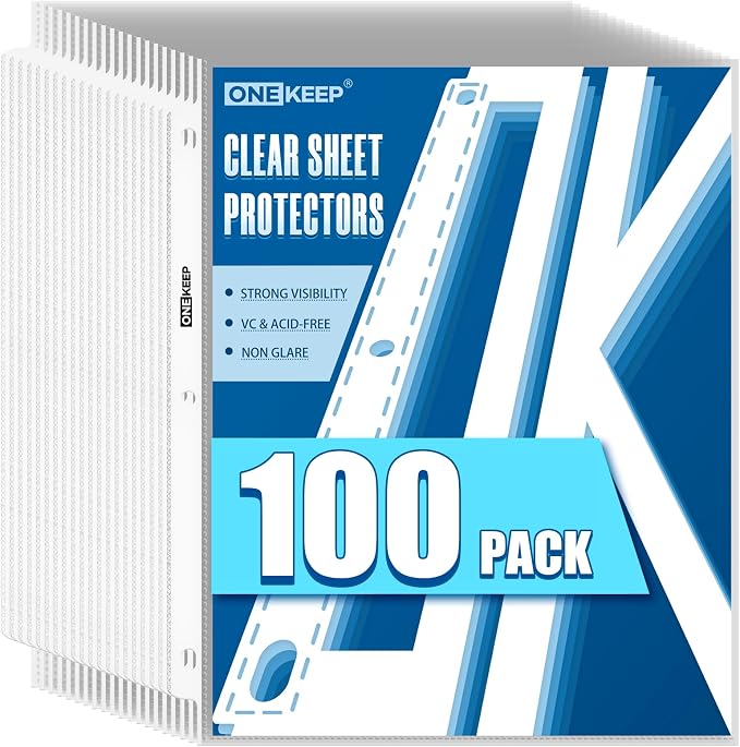 100 Pack Sheet Protectors, Top Loading Reinforced 3-Hole Page | Protectors by ONEKEEP