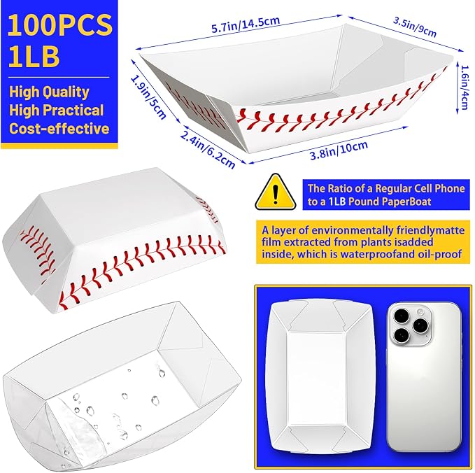 100 Pack 1 Lb Paper Food Boat Trays, Baseball Birthday Decorations Baseball - Image 2