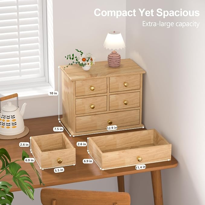 Oak Desk Organizer with Drawers, Wooden Desktop Storage Box with Metal Handles - Image 2