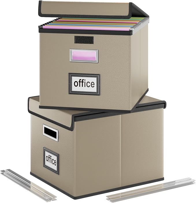 File Organizer Boxes with Lids, Collapsible Faux Leather Hanging File Folder by Huolewa