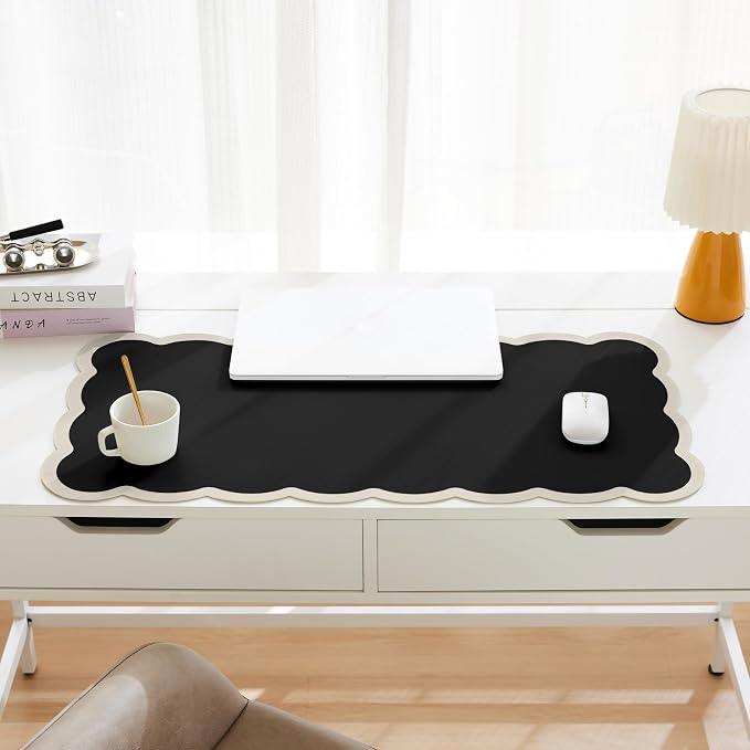 Scalloped Desk Mat, 31.5" x 15.7" Black Beige Large Cute Aesthetic Desk - Image 2