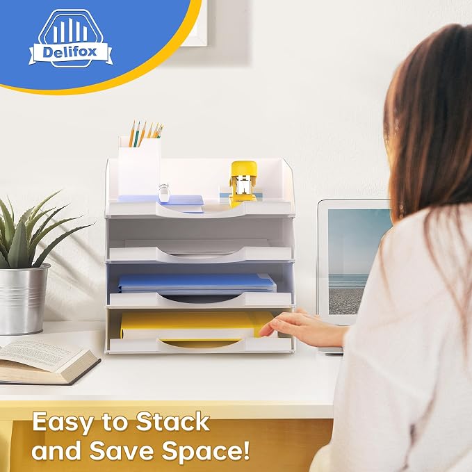 4 Pack Stackable Paper Trays for Letter Documents, Desktop File Organizers for - Image 5