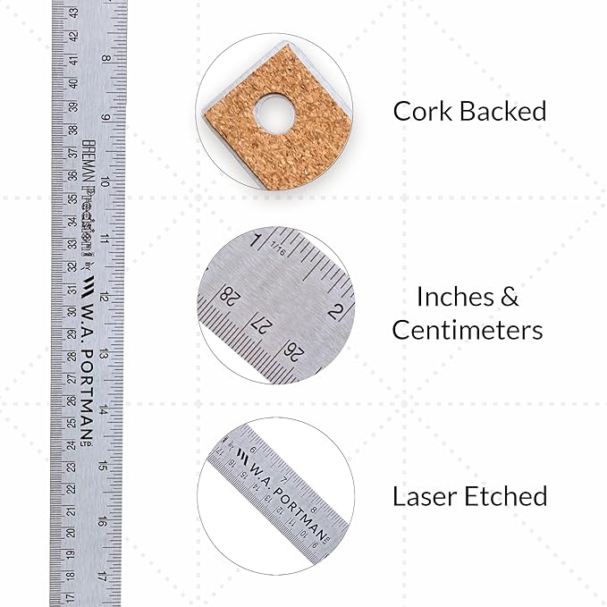 Breman Precision Metal Ruler 24 Inch Cork Back – Stainless Steel Straight Edge - Image 2