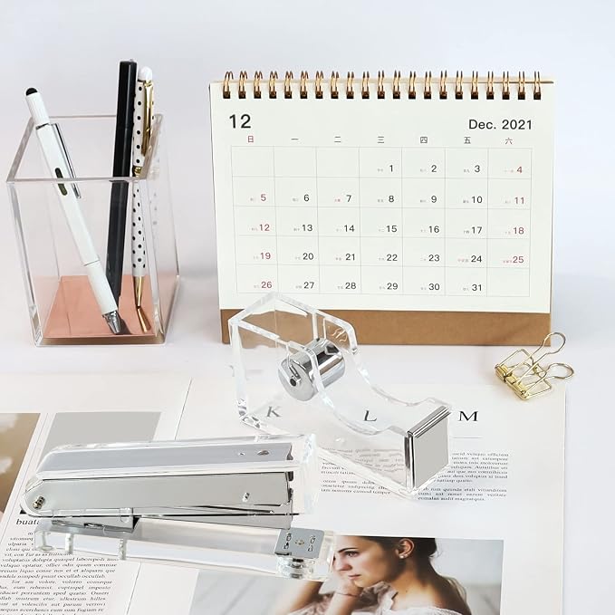 Acrylic Silver Tape Dispenser Desktop Stapler, Includes Staple Remover - Image 2