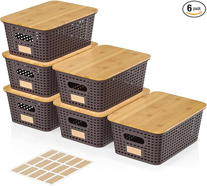 6Pcs Storage Bins with Lids, Stackable Plastic Storage Basket with Bamboo Lid by Viphope