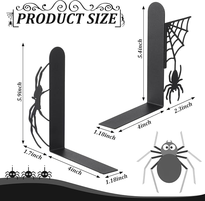 Geelin Creepy Spider Metal Bookends Set of 2 Styles Gothic Black Spider and Web - Image 2