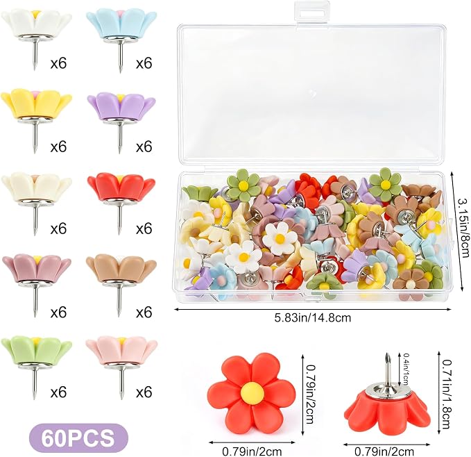 60 Pcs Flower Push Pins Cute Push Pins Colorful Decorative Thumb Tacks Floral - Image 2