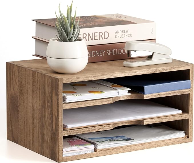 KIRIGEN Wooden Desktop Organizer, 3 Tier Solid Wood Letter Tray and Paper File by KIRIGEN