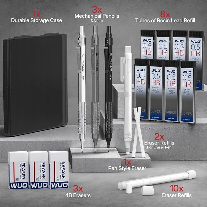 WUO 0.5mm Mechanical Pencil Set, 3 Metal Drafting Pencils - Image 5