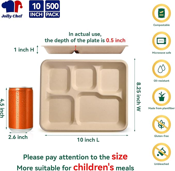 JOLLY CHEF Compostable  Compartment Paper Plates 10 * 8.25 * 1  Small - Image 2