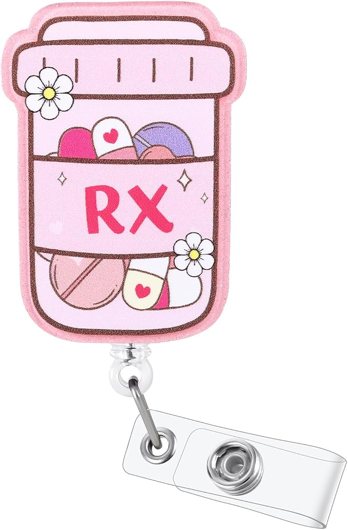 Pink RX Funny Nurse Badge Reel, Cute Medical Bottle Flower Retractable ID Card by Unknown