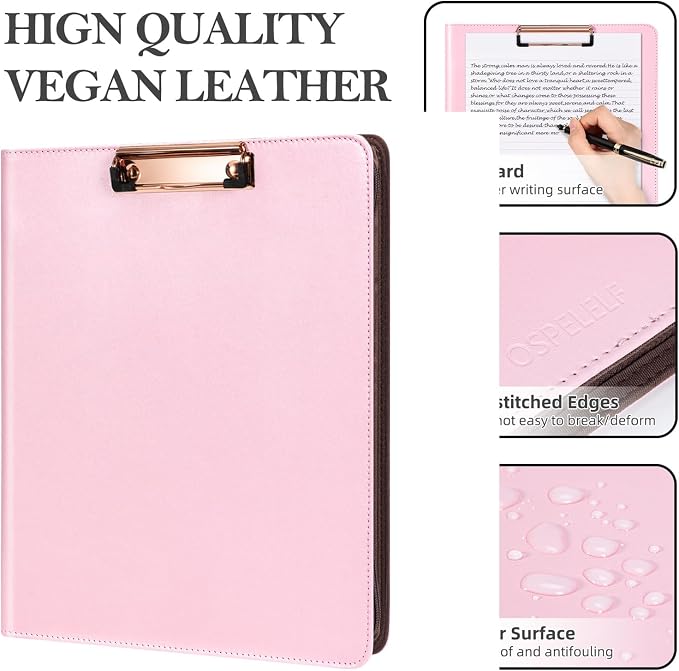 Ospelelf Pink Leather Portfolio Binder 3 Ring, Zippered Clipboard Folder - Image 5