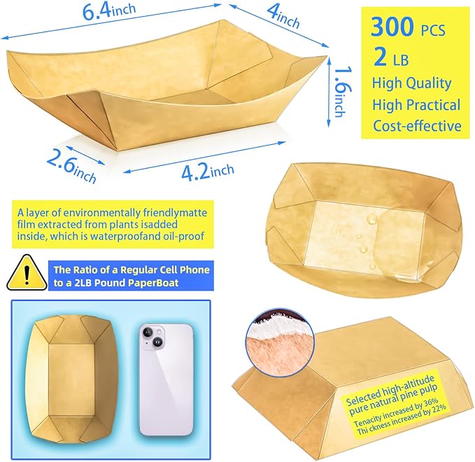 300 Pack 2Lb Paper Food Boat Trays Disposable Paper Boat Containers, Kraft Food - Image 2