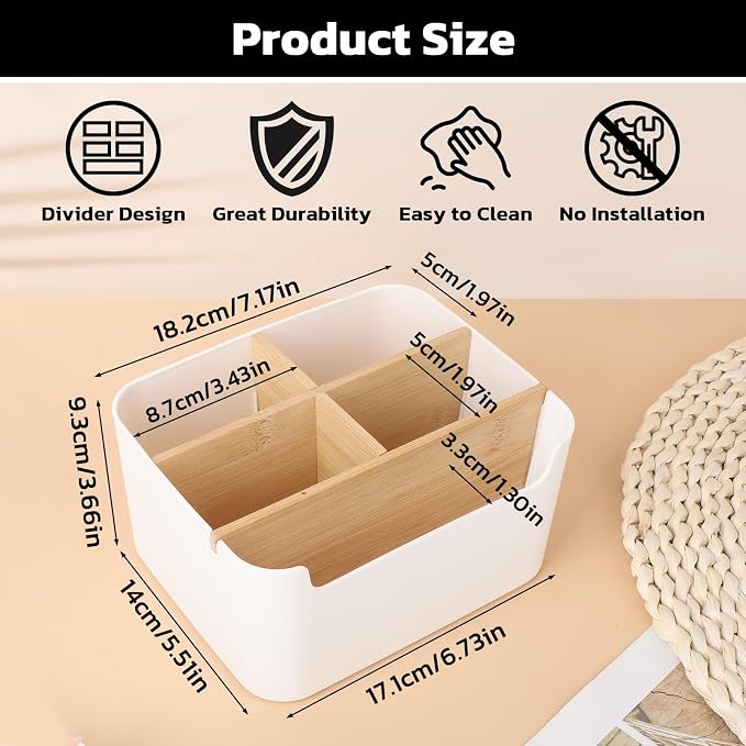 Segarty Desk Storage Box, Divided Bamboo Desktop Organizer, Pencil Holder - Image 2