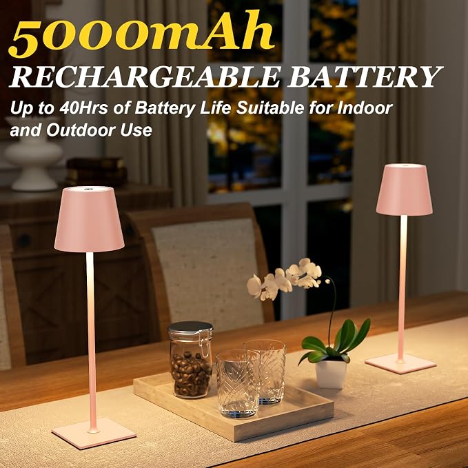 Kakanuo Pink Cordless Rechargeable Table Lamp 5000mAh Battery Operated Lamps - Image 3