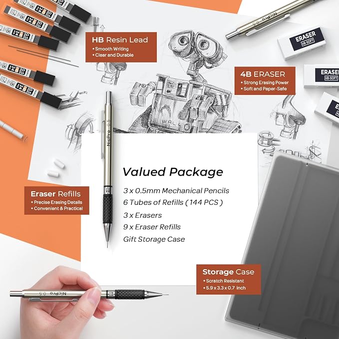 Nicpro 0.5 mm Art Mechanical Pencil Set in Storage Case, 3 Erasers - Image 4