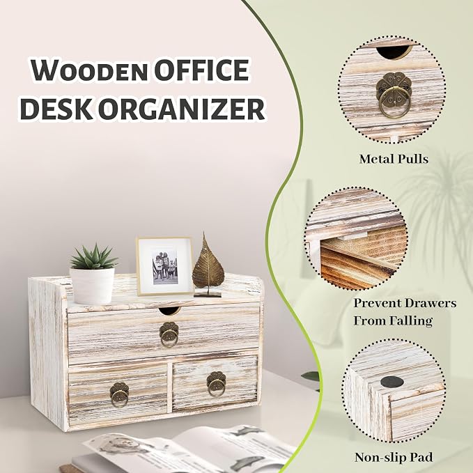 Wood Desk Organizer with Drawer, Vintage Brown Wooden Desktop Organizer - Image 5