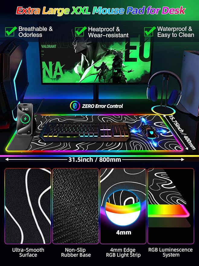 Mouse Pad with Foldable Phone Holder & Wireless Charger, XXL RGB Gaming - Image 5