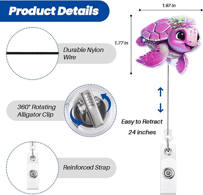 Funny Sea Turtle Nurse Badge Reel, Cute Animal Pediatric Retractable ID Badge - Image 2