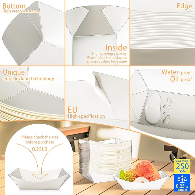 100 Pack 1/4 Lb Paper Food Boat Trays, 0.25Lb Mini Kraft Food Serving Boat Tray - Image 3