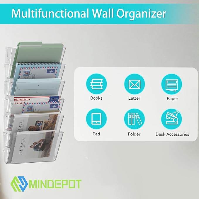 MINDEPOT 6 Pockets Acrylic Wall File Organizer, Plastic Hanging Wall File Holder - Image 6