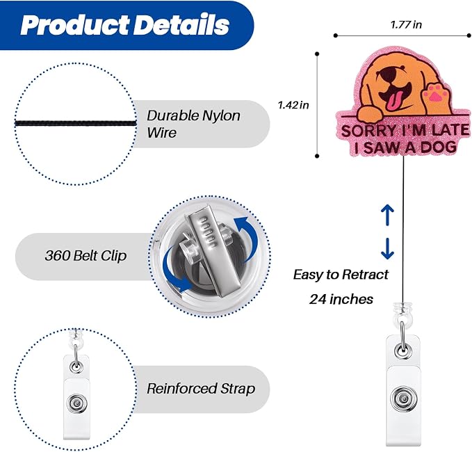 Sorry I'm Late Dog Funny Nurse Retractable Badge Reel Healthcare ID Holder | - Image 4
